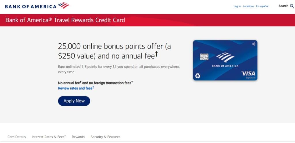 Bank of America Travel Rewards Credit Card website.