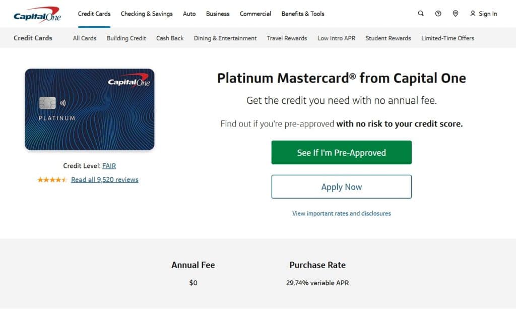 Capital One Platinum Credit Card website.