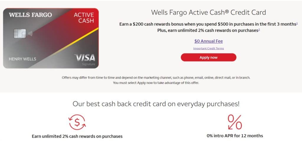 Wells Fargo Active Cash card website.