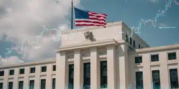 Federal Reserve Rate building with economic charts, representing 2025 rate hikes and consumer spending impact.