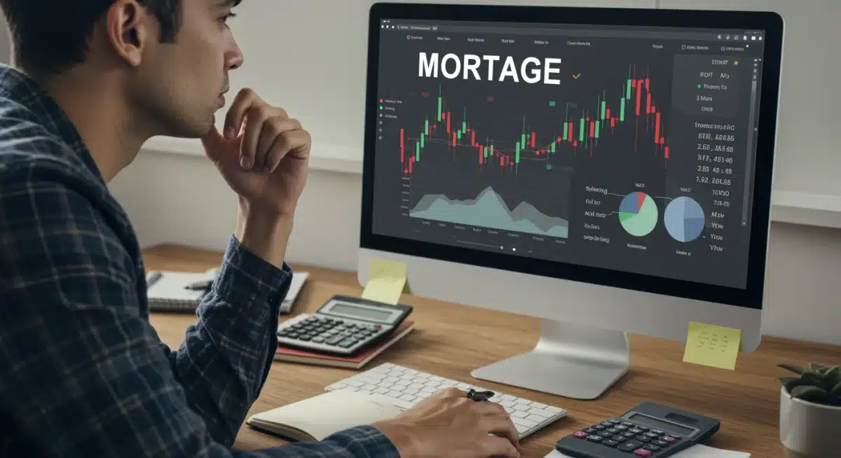 Person analyzing financial data on computer, considering mortgage and savings