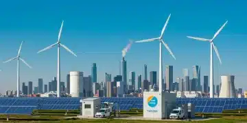 Futuristic cityscape powered by clean energy, symbolizing robust investment growth.