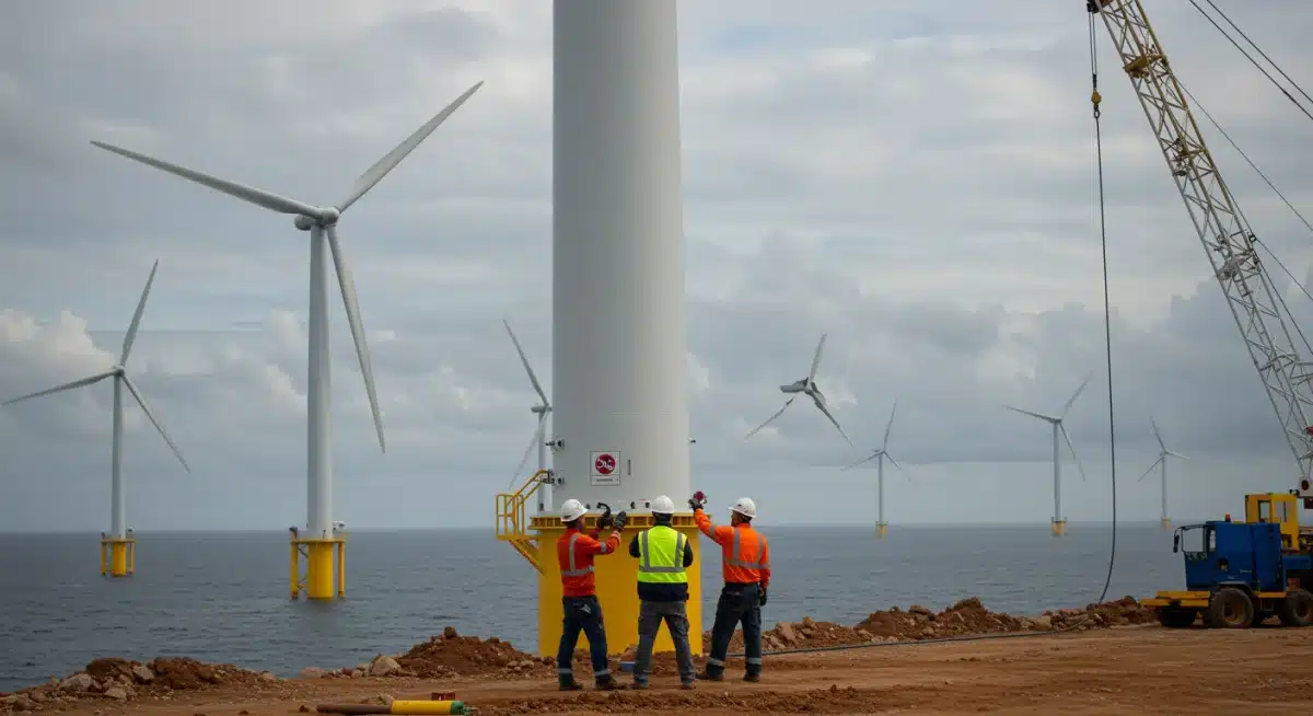 Engineers working on offshore wind farm installation, highlighting wind energy investments.