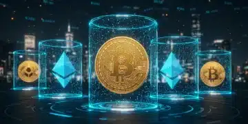 Digital assets being regulated by glowing barriers, representing new crypto regulations 2026.