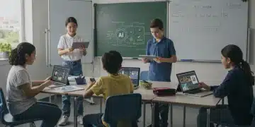 Students engaging with AI technology in a modern K-12 classroom, showcasing diverse learning experiences.