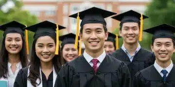 Diverse students celebrating academic success with university backdrop