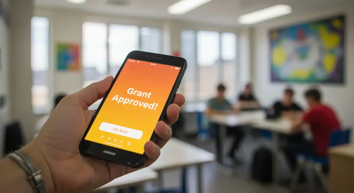 Smartphone displaying 'Grant Approved' notification for continuing education funding.