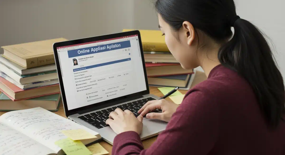 Student applying for scholarships online, focused on laptop