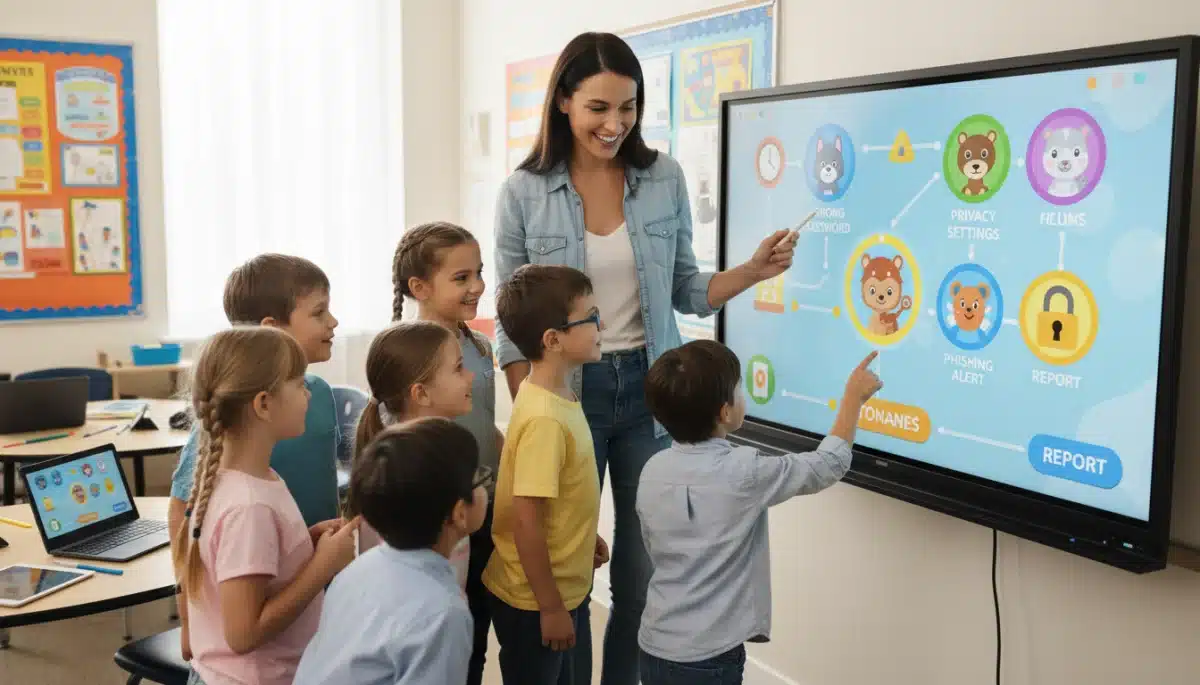 Elementary students learning cybersecurity awareness with a teacher