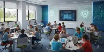 K-12 students learning cybersecurity skills in a modern classroom