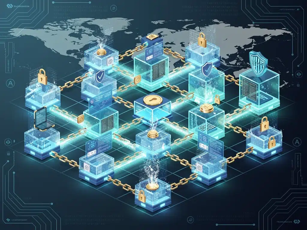 Blockchain network illustrating secure, decentralized financial transactions.
