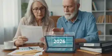 Senior couple reviewing financial documents, discussing 2026 Social Security COLA impact on retirement income.