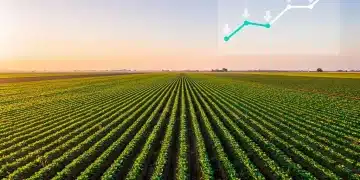 Agricultural landscape with sunrise symbolizing future growth and potential food price decrease in the US.