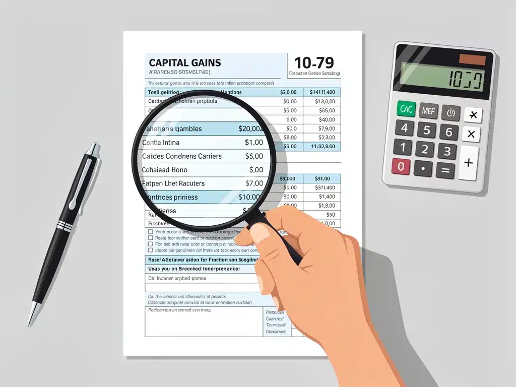 Investor analyzing tax forms for capital gains calculations