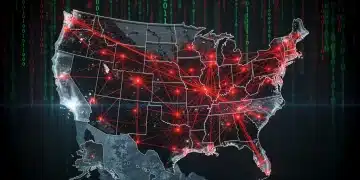 Digital representation of a severe cybersecurity threat impacting US online infrastructure, with red alerts.