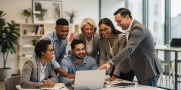 Adults learning in a modern office, symbolizing professional development and educational growth through tuition reimbursement.