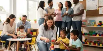 Parents and children in a bright, modern childcare center, representing support