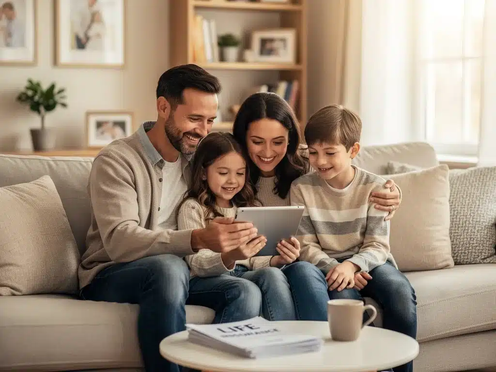 Happy family reviewing financial plans for future security with voluntary benefits.